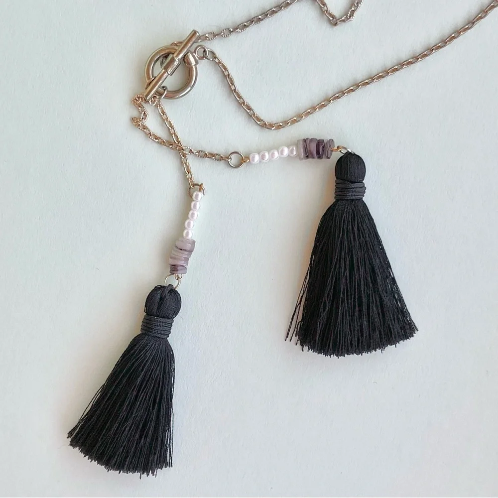 Black Tassel Necklace with Beads